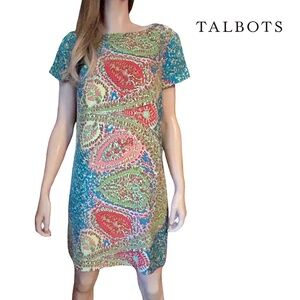 Talbots 100% Silk Shift Dress Colourful Print Short Sleeve NWOT